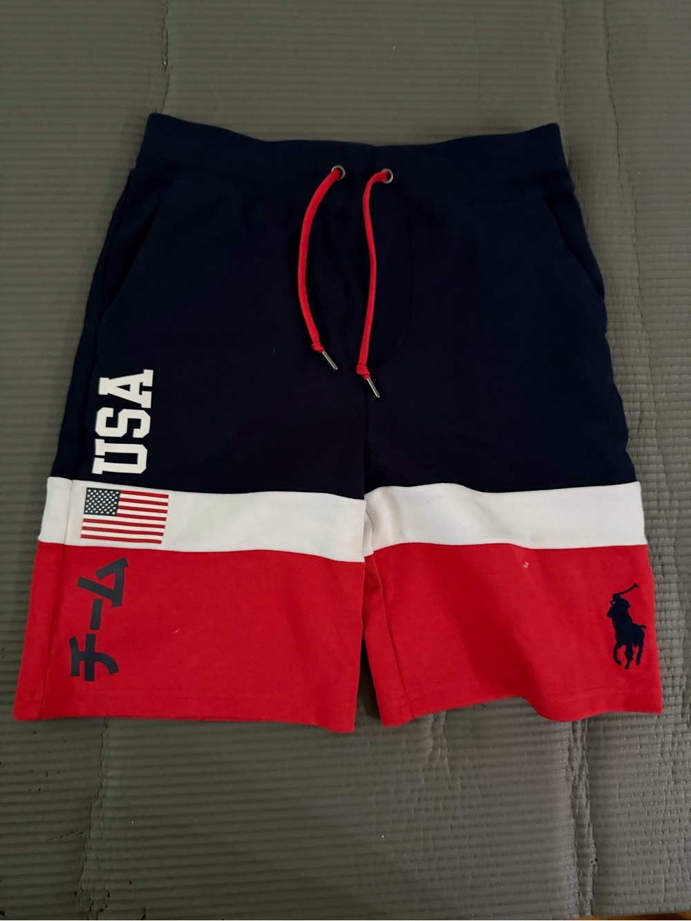 Ralph Lauren Boys Navy White Red USA Polo Athletic Shorts- size 10-12